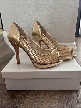 Caparros Metallic Gold Peep-Toe Mesh High Heels